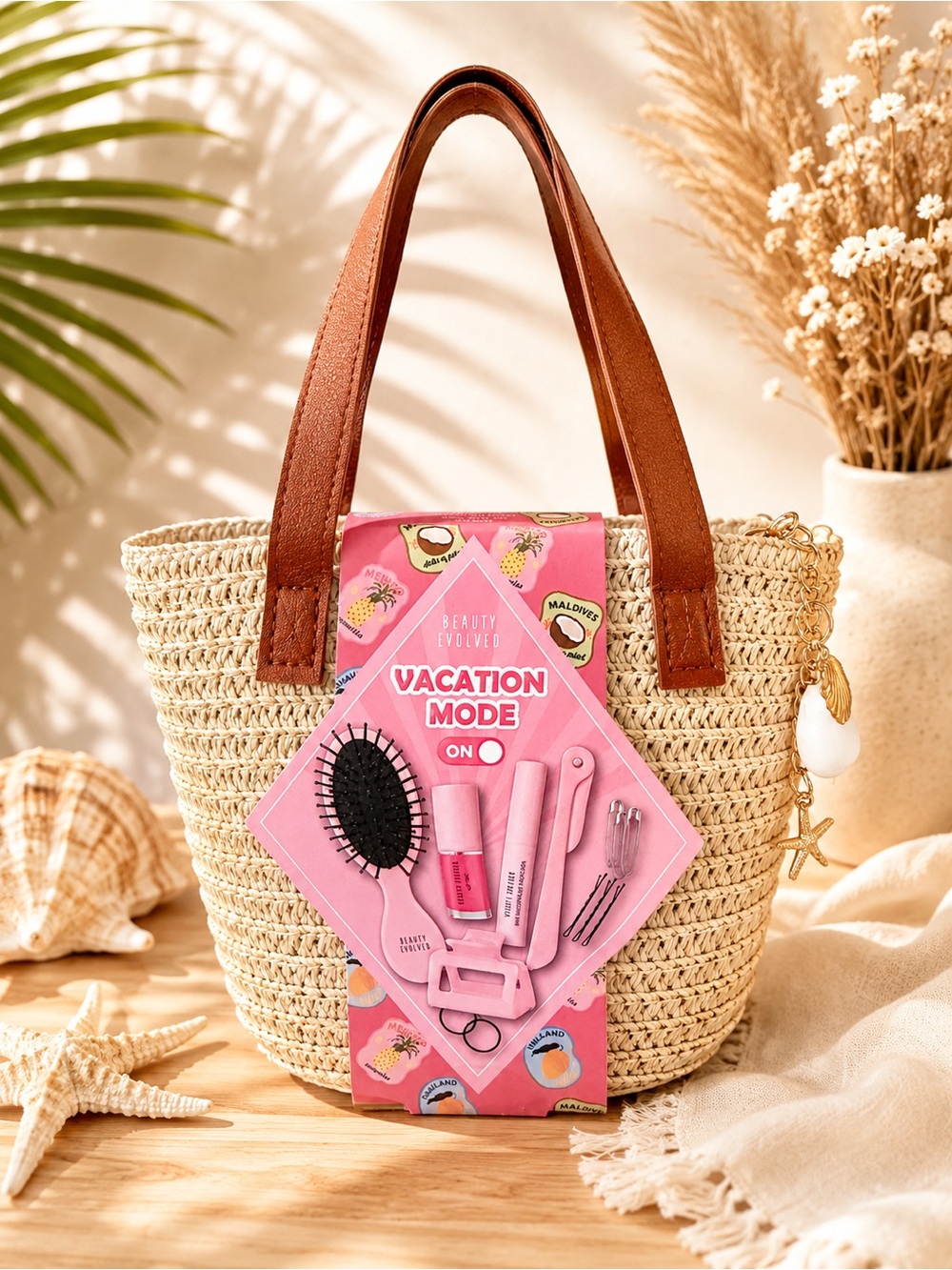 Vacation Mode Straw Beach Tote Bag with Beauty Gift Set NWT